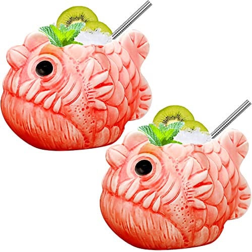 Tiki Mugs Fish Tiki Tazas de cerámica hawaiano cóctel tazas diseño creativo 697.4 g/700ml Tiki vasos - Juego de 2