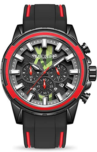 MEGIR Montre de sport analogique pour homme avec chronographe et bracelet en silicone élégant pour le travail professionnel, Rouge
