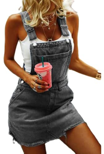 Loalirando Salopette Donna Estiva Denim Tuta Jumpsuit Elegante Senza Maniche Pantaloncini/Gonna con Tasche Jeans Casual Slilm Fit S-XXL (Gonna&Grigio, M)