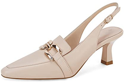 Fashare Damen Kitten Heels Slingback Geschlossene spitze Zehen Kleid Schuhe Metallkette Schnalle Elegante Pumps, Hautfarben, 43 EU