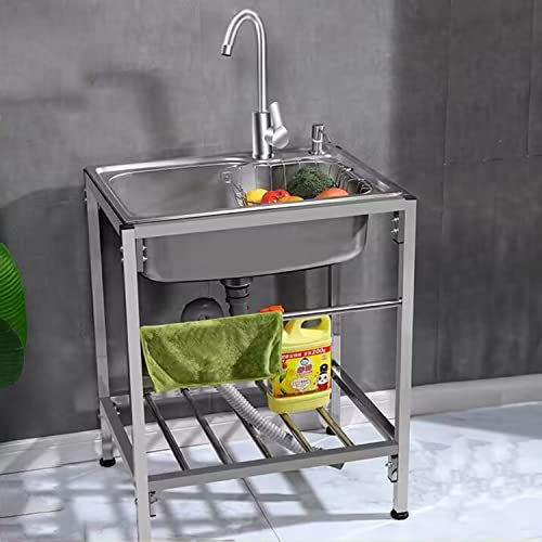 ZECHKA Lavello Cucina Commerciale Mobile, Lavatoio Acciaio Inox con Supporto, Lavandino Acciaio Inox con Rubinetto Acqua Calda E Fredda, per Garage Ristorante Cucina