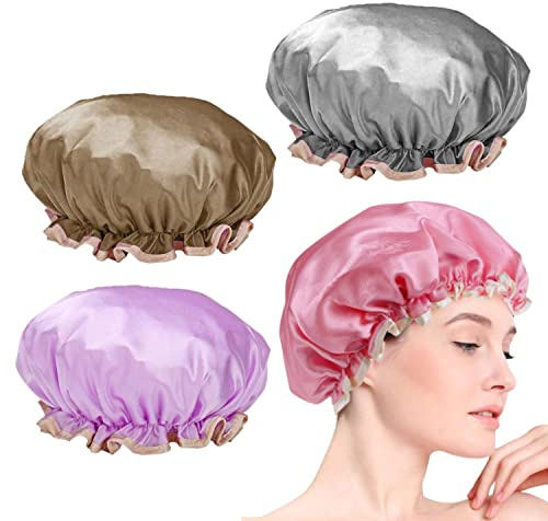 WUBAYI Duschhaube, Badekappe, doppellagig, wasserdicht, mit elastischem Band, wiederverwendbare Duschhaube für Damen und Herren, weicher Rüschenrand, um die Ohren zu bedecken, Salon, Familiengebrauch