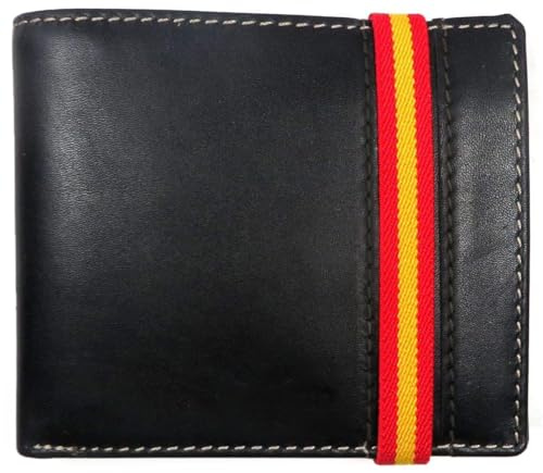 Hispapiel Cartera Hombre pequeña con Bandera de España. Billetera de Piel Negra Caballero, Tarjetero Monedero de Cuero auténtico. Made in Spain (Horizontal)