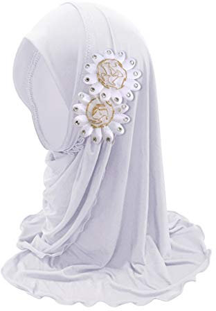 Mädchen Muslimischer Hijab Kinder Bandana Kopftuch Hut Mädchen Moslem Schal Turban Hut mit Blumen Sommer Arabische Hals Islamische Kopfkappe Kopfbedeckung Sonnenschutz Kappe, 2-7 Jahre alt (Weiß)