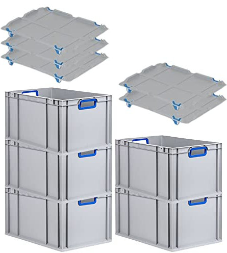 PROREGAL SuperSparSet 5x Eurobox NextGen Color mit Auflagedeckel & Schiebeschnappverschlüsse, HxBxT 32x40x60cm, 65L, Griffe blau offen, Verstärkter Boden, Eurobehälter Transportbox Transportbehälter