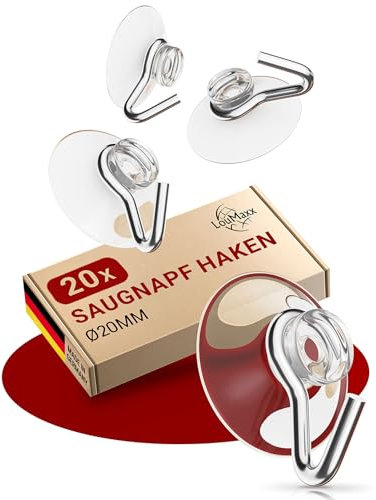 LouMaxx Saugnapf Haken Ø 20 mm - 20er Set transparente Saugnäpfe für Fenster, Bad und Küche - zuverlässiger Halt auf Glas und glatten Oberflächen