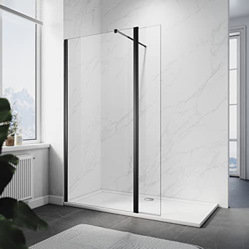 ELEGANT Shower Screen with 8mm Clear Easy Clean Safety Glass Walkin Shower Screens Panel and Black Stainless Steel Support Bars Shower Enclosure 800x1900mm with 300mm Flipper Panel