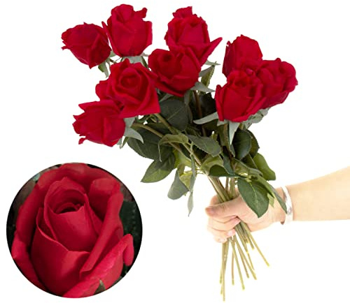 cn-Knight 12pcs halb geöffnete künstliche Rosenknospen, 44cm Seidenrosen mit teilweise geöffneten Blüten, künstliche Blume für Wohnkultur Hochzeitsstrauß,Rot