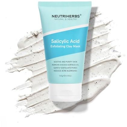 Neutriherbs Salicylsäure 0.5% Gesichtsmaske, 100G-Milde Salicylic Acid Tonmaske mit Walnuss-Pulver&Hyaluron, Ölkontrolle BHA Peeling Teebaumöl Maske für Mitesser | Pickel | Empfindliche | Unreine Haut