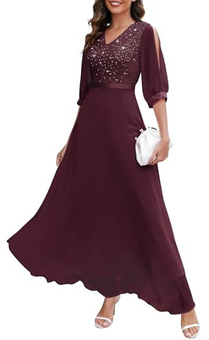Wedtrend Elegant Spitzenkleid Damen Cocktailkleid Damen Brautmutterkleider Damen mit V-Ausschnitt Festlich Kleider Lang V-Ausschnitt Kleider für Hochzeit WT0317 Burgundy XL