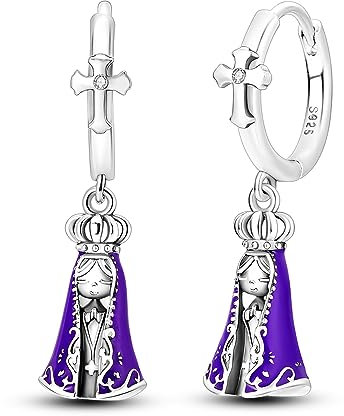 Huggie-Ohrringe aus 925er-Sterlingsilber für Damen - baumelnde Creolen mit Anhängern der Jungfrau Maria, hypoallergene Halloween-Ohrringe, handgefertigter Schmuck