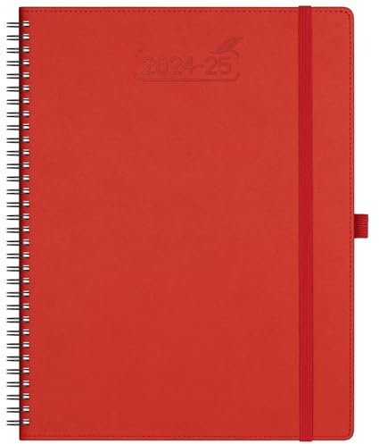 BEZEND 18-Monate Kalender 2024 2025 Terminplaner A4 Ringbuch PU-Leder Softcover [Rot] Wochenkalender 1 Woche 2 Seiten Juli 24-Dez 25| Buchkalender mit Stifthalter