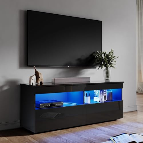 ELEGANT 1200mm Modern High gloss TV Stand Cabinet with LED Light | Television Unit TV Cabinet with Shelves and Drawers for Media Storage, Fits 22-47 Flat Screen 4K TVs, Black