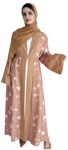 Muslimische, Elegante, Bedruckte, Bequeme, Lange Robe mit Gürtel für Damen Röcke (Khaki, L)