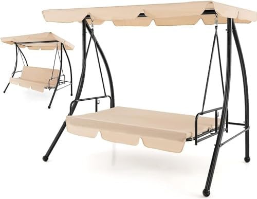 SFAREST 3 Seater Swing Seat Bed, Heavy-Duty Patio Swing Chair with Adjustable Canopy & Removable Cushion, Outdoor Leisure Hammock Chair for Porch Garden Backyard