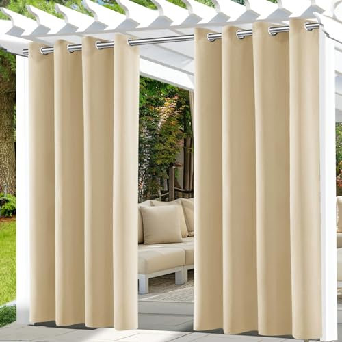 UFYTT Cortinas de Exterior Impermeable,2 Piezas Cortinas Terraza Exterior con Ojales,Cortina Exterior Opacas,Adecuada para Balcones,Pérgolas,132x215cm,Beige