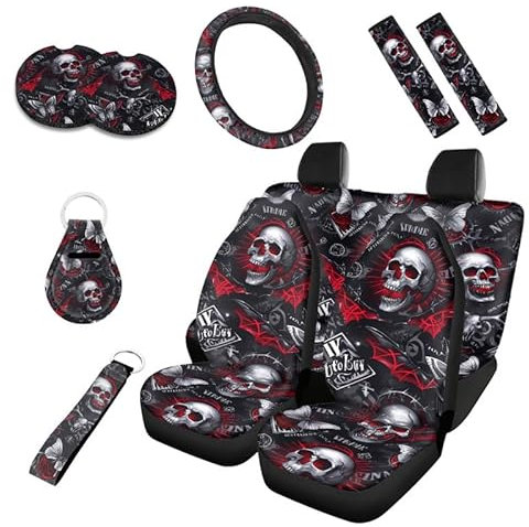 Kuiaobaty Autositzbezüge mit Totenkopf-Druck, lustiges Kunst-Auto-Dekor, komplettes Set, Gothic-Fledermäuse, Skelett, Autozubehör, universell passend für die meisten Fahrzeuge