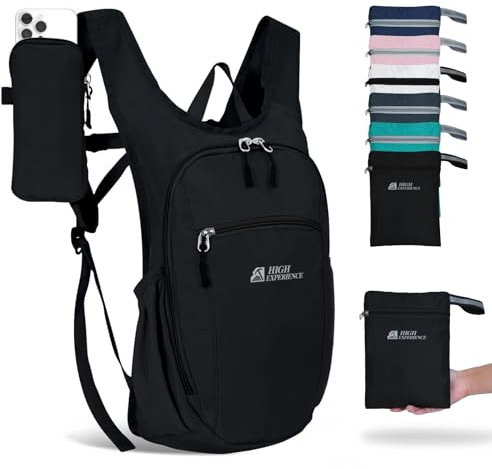 HIGH EXPERIENCE Wanderrucksack, 10 l/15 l, kleiner Tagesrucksack, leicht, verstaubar, Reisen, faltbar, wasserabweisend, für Damen und Herren, Schwarz, 10L, Faltbarer Wanderrucksack