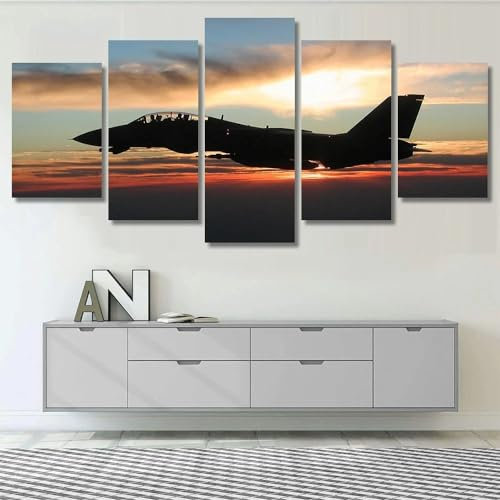 HATUROPO Leinwand Bilder 5 Teilig F-14 Tomcat Sonnenaufgang Silhouette Wandbilder Wohnzimmer Modern Bilder, Poster, Kunstdrucke Büro Flur Bad Küchebilder -Ungerahmt