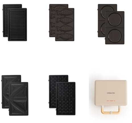 CREATE/STONE STUDIO/Doppelter Sandwichmaker und Grill in Sand / 5 austauschbare Platten: Grill, Waffel, Sandwich, Taiyaki und Pfannkuchen, 100º Öffnung, Retro-Stil, 800W