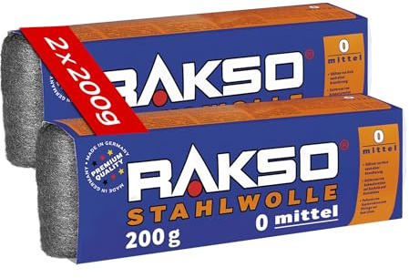 RAKSO Stahlwolle mittel 0-400 g, 2 Banderolen à 200g, glättet Holz, entfernt Schmutz auf Kacheln/Steinböden, poliert Kupferrohre/Fittings