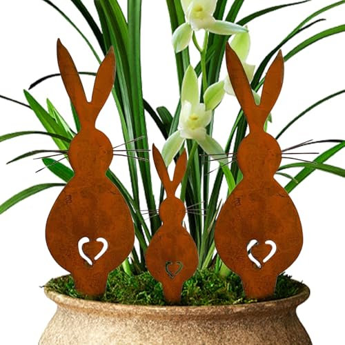 Deko Hasen Gartenstecker Rost, 3 Osterhasen Deko Eisen Garten, Osterhase Edelrost Dekofigur, Rostige Osterhasen Gartendeko Optik, Hasen Gartendeko Frühling Rost Metall, für Garten Balkon Terrasse