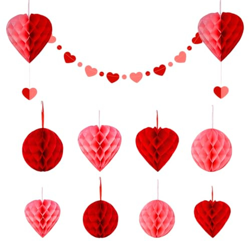iewrtcin Party Decorations, 12 Pcs Pink and Red Hanging Paper Honeycomb, Pom Poms, Paper Decorations for Wedding Valentines Anniversary Festival Accessories