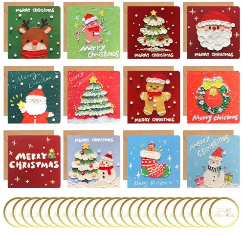 AOROPS Kleine Weihnachtskarten mit Umschlag Set, 24 Stück Ölgemälde Stil Weihnachtsgrußkarten Set, Festivalfarbe Weihnachtskarten Frohe Grußkarten Weihnachten für Familie Freunde