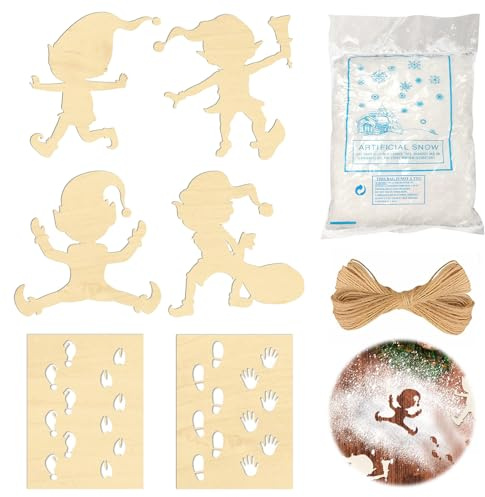 Wichtelschablone Fußabdrücke Weihnachten, Kreatives Wichtel Zubehör | 6 Holzschablonen + Kunstschnee & Juteschnur, Geeignet Weihnachtsde Freien Türen Fenster koration