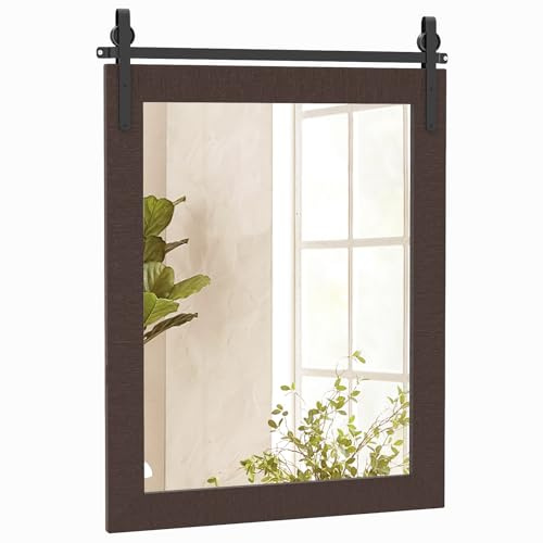 LIFEZEAL Espejo de Pared Rectangular 76,5 x 57 cm (marrón Oscuro) | Decoración vintage con marco de madera y soporte de metal para baño, pasillo y salón