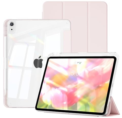 SQQSOOZ Clear Case for iPad Air 11-inch M4/M3/M2, iPad Air 5th/4th Gen | With Pencil Holder, Hard PC Transparent Back Shell & Ultra Slim Cover, Auto Wake Sleep, Pink