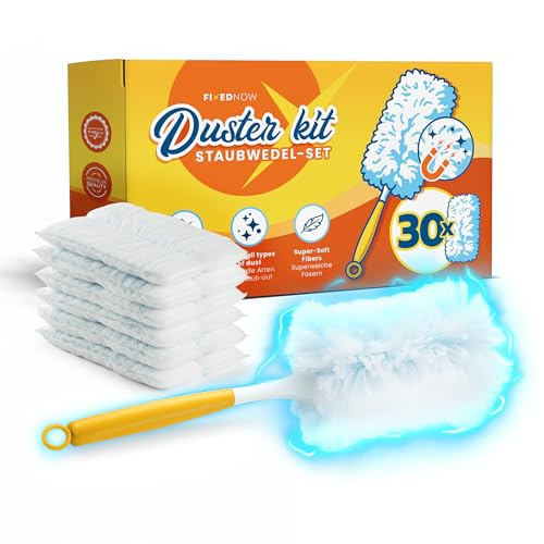 FixedNow 30er XXL Staubmagnet Nachfüllpack kompatibel mit Swiffer Duster | Staubwedel Tücher Starterset Kit inkl. Stab & Griff - Staub Wischer Ersatztücher, Refill Staubtücher für Haushalt & Auto