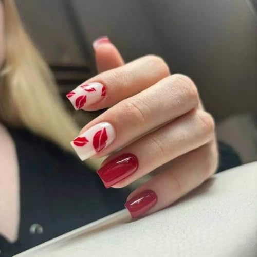 Ztcily 24 Pcs Faux Ongles Courts Carrés Saint-Valentin, Ongles Artificiels Rouge et Blanc avec Design Lèvres, French Manucure Facile à Poser, Kit Faux Ongles Festifs Femme Fille
