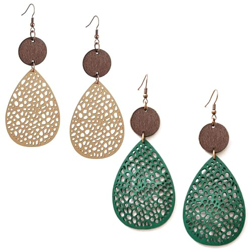 2 Paare Boho Ohrringe Für Frauen Aus Hochwertigem Holz Lange Ohrhänger | Hängende Ohrhänger Große Ohrringe Stilvoll Boho Style Teardrop Ohrschmuck Für Alltag Party Urlaub Reisen Khaki Und Grün
