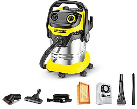 Kärcher WD5 Premium - Aspirador en seco y húmedo, 1100 W, 25 l con depósito en acero inox