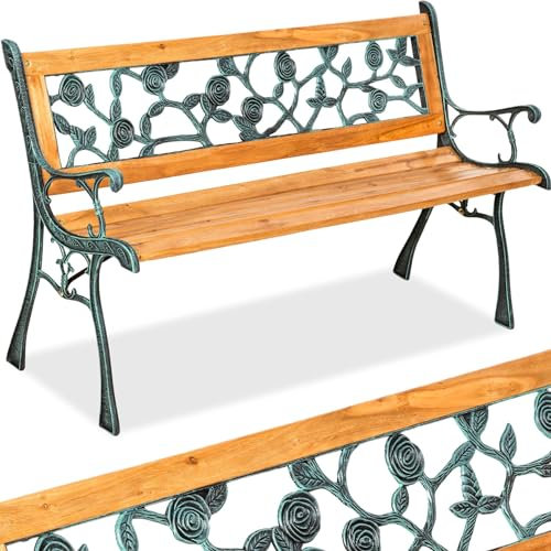 tectake® Panca da Giardino in Legno e Ghisa, Comoda Panchina da Esterno 2 Posti, Panca con Schienale, Resistente alle Intemperie, 124 x 52 x 74 cm - Marrone