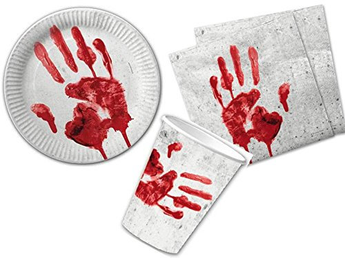 40-tlg. Partyset HALLOWEEN blutige Hand - für 10 Personen - Partygeschirr und Zubehör
