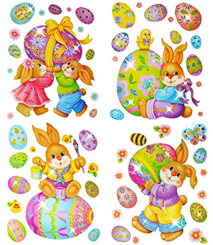 alles-meine.de GmbH 2 versch. Bögen XL Fensterbilder - Osterhase & Frühling - 3-D Glimmer Effekt - statisch haftend - selbstklebend + wiederverwendbar/Ostern - Sticker Fe..