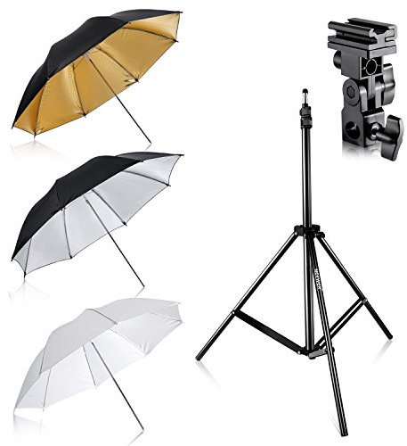 Neewer® - Kit de 3 paraguas (blanco, reflectante plateado y reflectante dorado) de 84 cm y soporte para flash para cámaras Canon 430EX II, 580EX II, Nikon SB600 y SB800, Yongnuo YN560, YN565, Neewer TT560, TT680