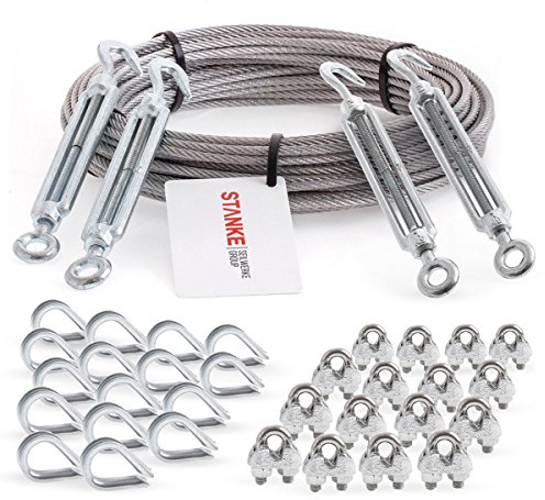 Seilwerk STANKE cuerda de acero inoxidable V4A, 10m cuerda de acero inox 5mm 7x19, 4x tensor gancho-ojo M10 galvanizado, 16x guardacabo V4A, 16x abrazadera V4A - SET 6