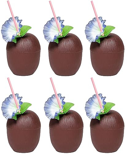 24 x Coconut Cups with Paper Straws - Reusable Plastic 18oz Hawaiian Party Cups with Decorative Flowers for Tropical Luau, Tiki, Hula, Beach Parties - Perfect for Cocktails & Exotic Drinks