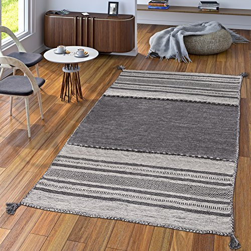 TT Home Handwebteppich Wohnzimmer Natur Webteppich Kelim Modern Baumwolle Streifen Grau, Größe:200x290 cm