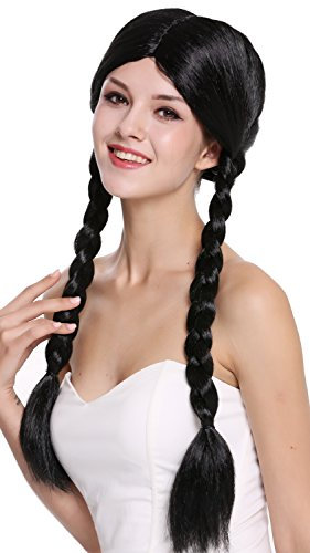 WIG ME UP - 90958-ZA103 Perücke Damen Fasching Karneval zwei geflochtene Zöpfe Mittelscheitel schwarz 60 cm