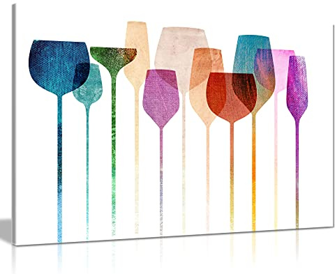 Wine Glasses Canvas Wall Art, Colourful Framed Kitchen Decor, 36x24 Inch
