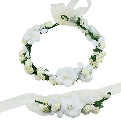 AiSi Blumenkranz mit Armband, Handgelenk Band Haarband Set, Stirnband Haarkranz Blumen Krone Boho Style für Festival Hochzeit Braut Brautjungfer Party (Weiß)
