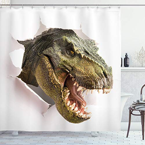 ABAKUHAUS Dinosaurier Duschvorhang, Dino zerreißt Papier, Stoffliches Gewebe Badezimmerdekorationsset mit Haken, 175 x 220 cm, Armeegrün Weiß Grün