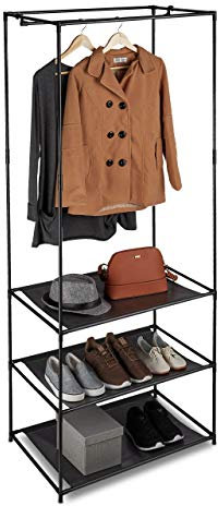 Relaxdays Kleiderständer mit Ablagen, offener Faltschrank m. Kleiderstange, Metall & Stoff, 179,5 x 72 x 48 cm, schwarz