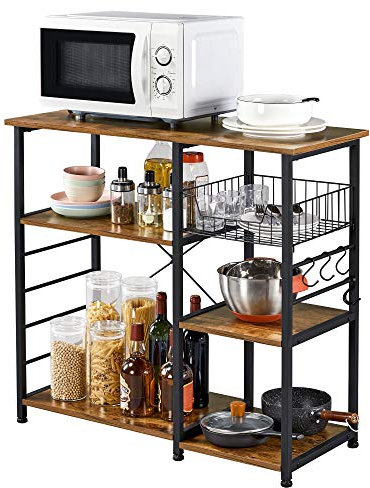 costoffs Kitchen Storage Shelf 3-Tier Metal Kitchen Island Frame Wood Look with Basket/Hooks/Storage Shelf for Kitchen/Dining Room Rustic Brown
