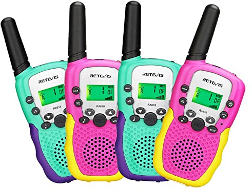 Retevis RA618 Walkie Talkie für Kinder, Spielzeug Geschenk für 3-12 Jährige Jungen, Mädchen, 8 Kanäle mit LCD-Taschenlampe VOX, für Familienabenteuer, Camping, Wandern (4er Pack, Rosa und Grün)