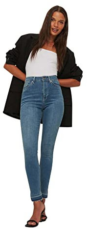 NA-KD Skinny High Waist Open Hem Jeans, Mediados De Azul, 36 para Mujer